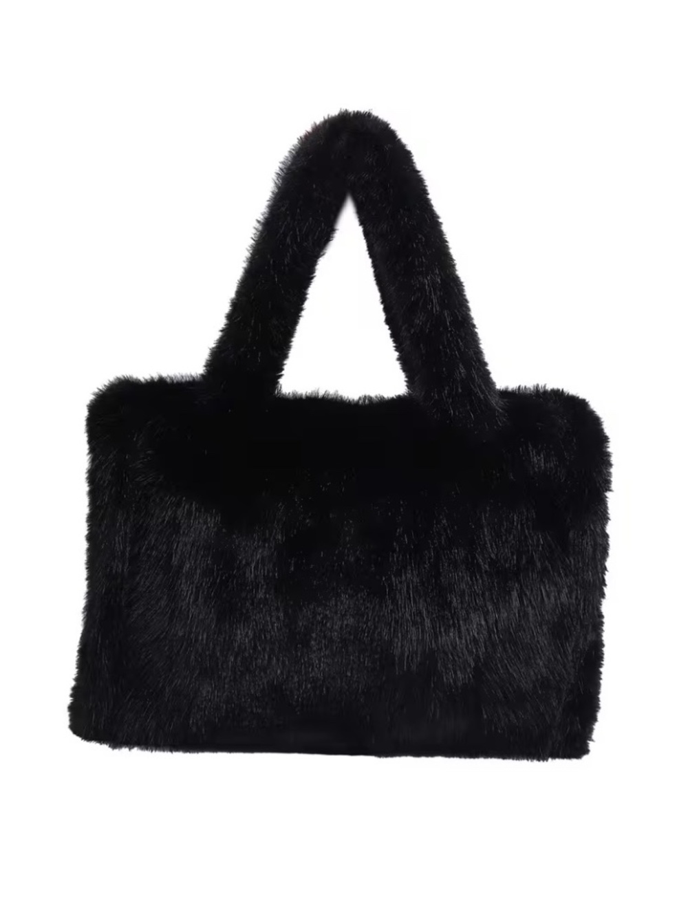 Black Faux Fur Tote Long Strap Crossbody Travel Shopping School Bag Zipper Top - Picture 2 of 2
